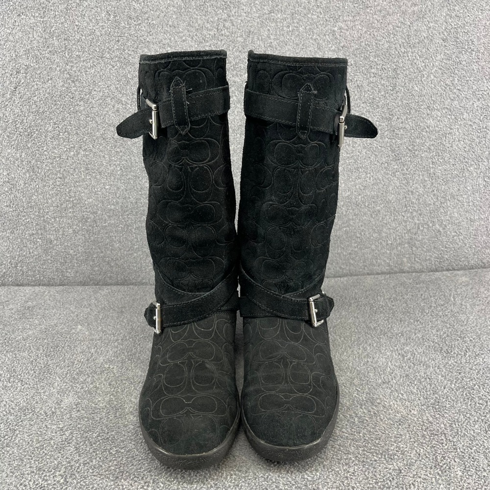 Coach Black Suede‎ Monogram Tall Boots Buckle Detail Women's US 8 B EU 38.5 - Picture 5 of 13